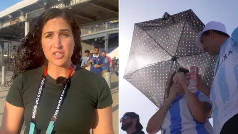 Composite image of Nada Tawfik and World Cup fans carrying umbrellas.